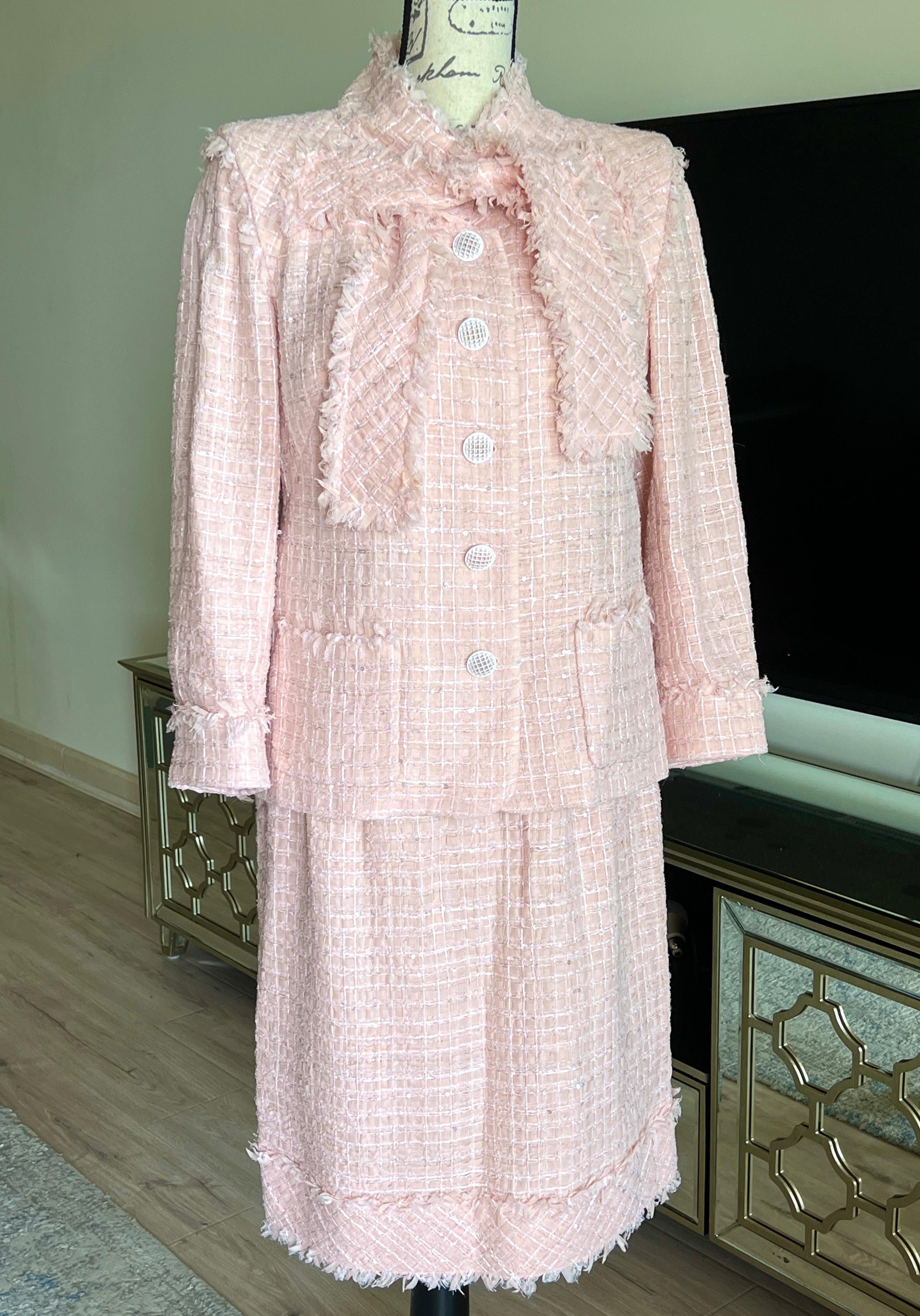 Chanel Pink Ribbon Tweed Jacket and Skirt Suit Size M