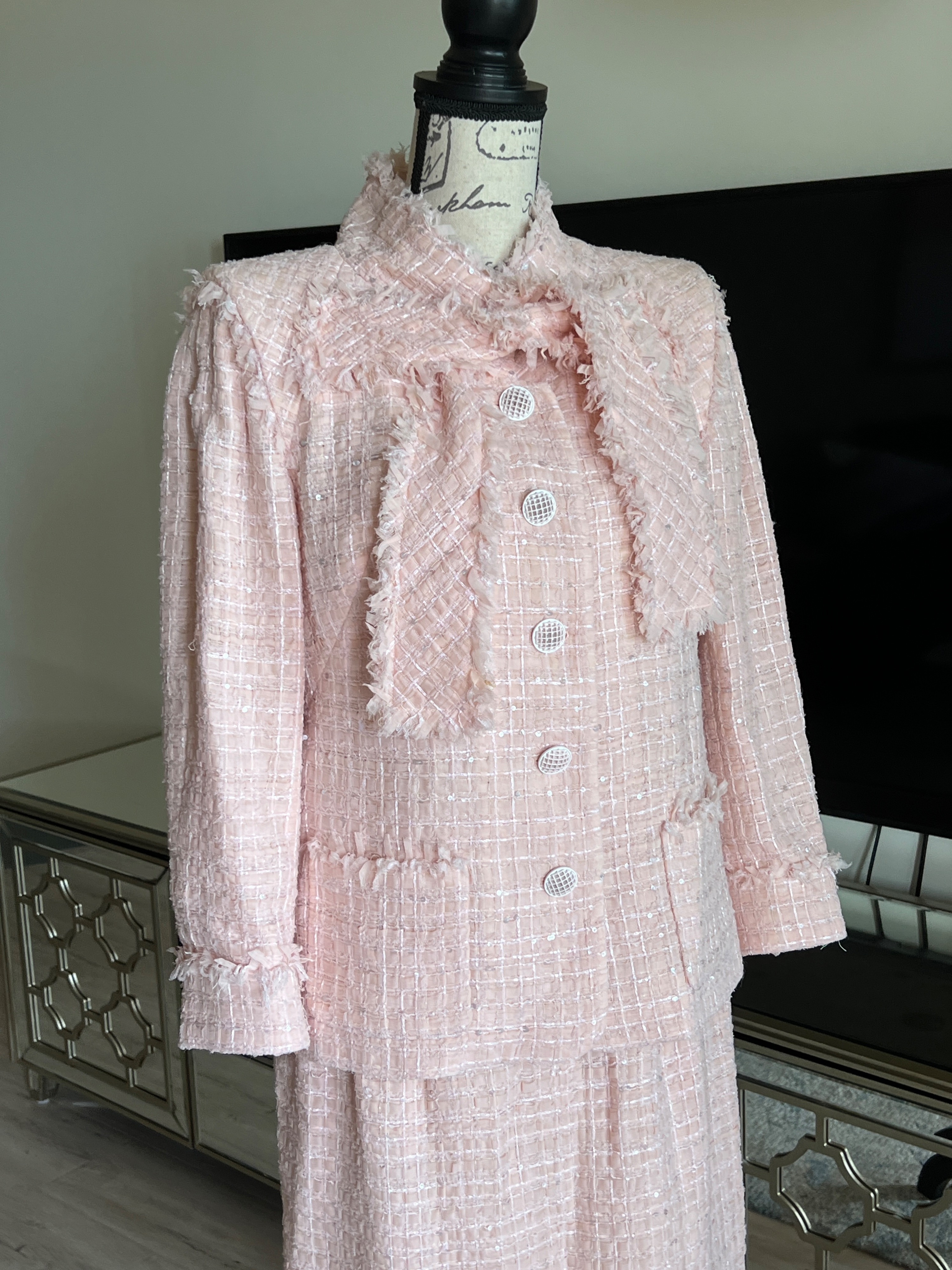 Chanel Pink Ribbon Tweed Jacket and Skirt Suit Size M