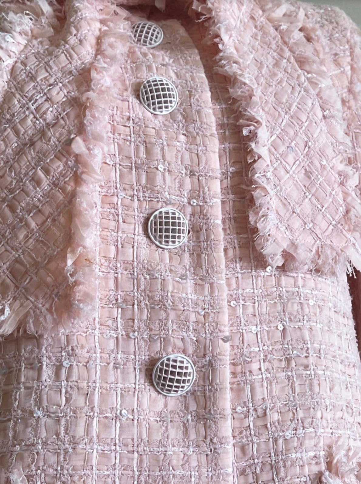 Chanel Pink Ribbon Tweed Jacket and Skirt Suit Size M