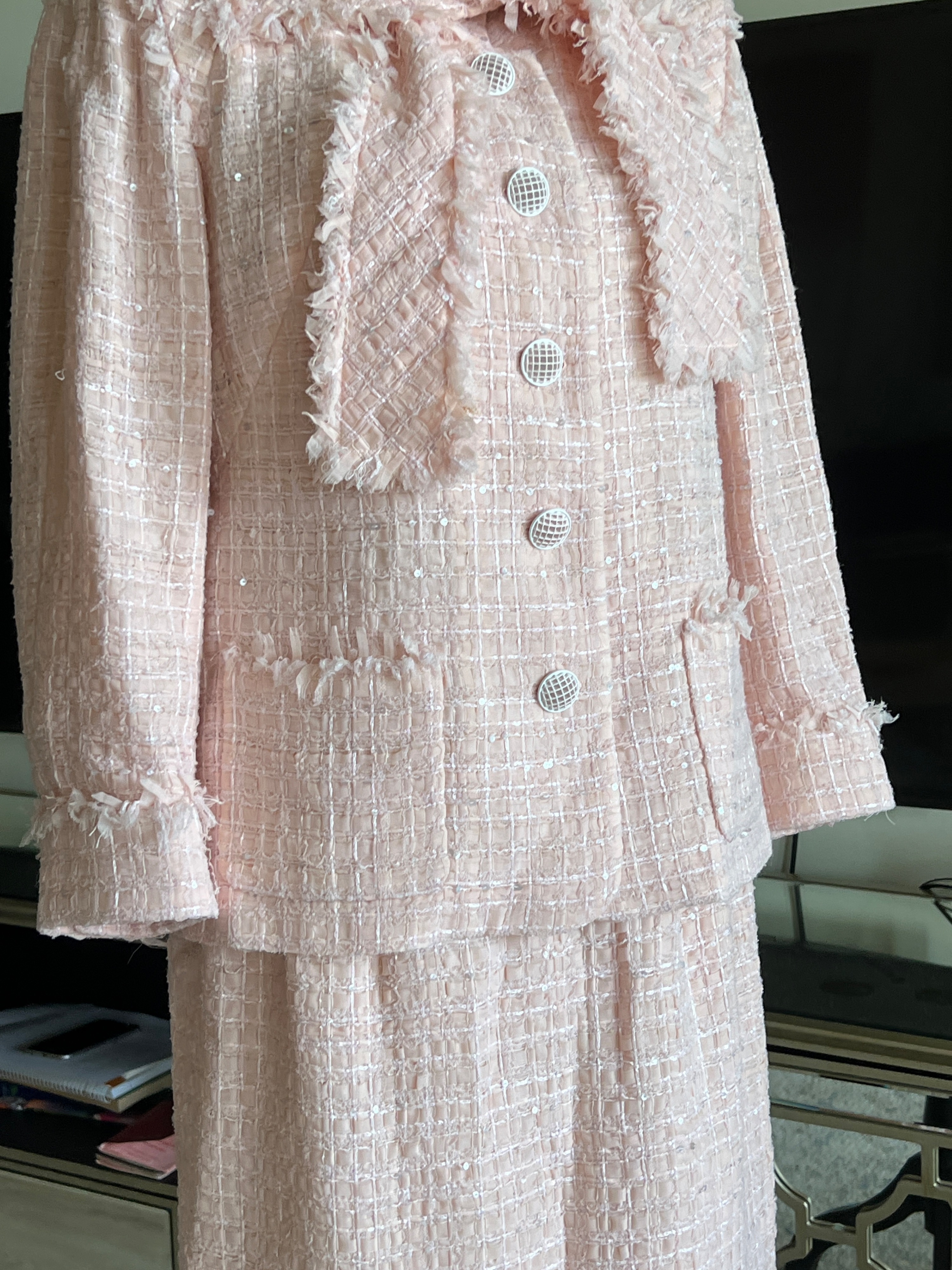 Chanel Pink Ribbon Tweed Jacket and Skirt Suit Size M