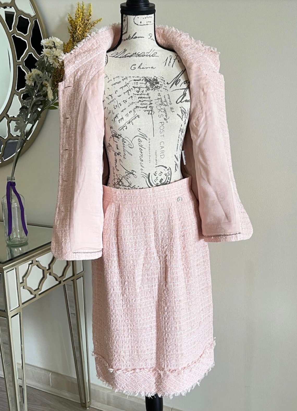 Chanel Pink Ribbon Tweed Jacket and Skirt Suit Size M