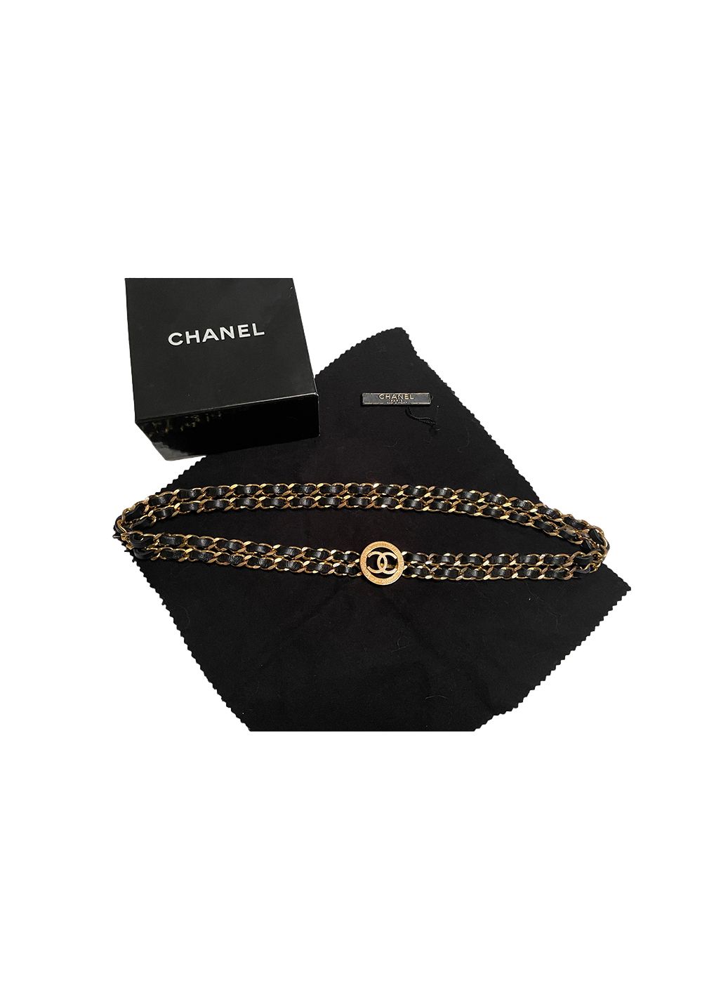 Preowned Chanel Vintage Black Leather Chain Waist Belt Gold black