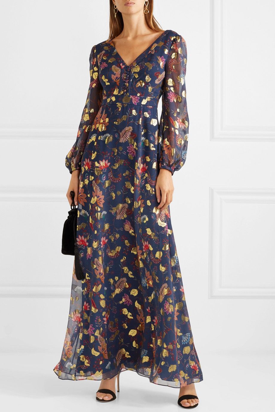 Preowned Rachel Zoe Annabel fil coupé silk-blend maxi dress. Size XS Navy silk