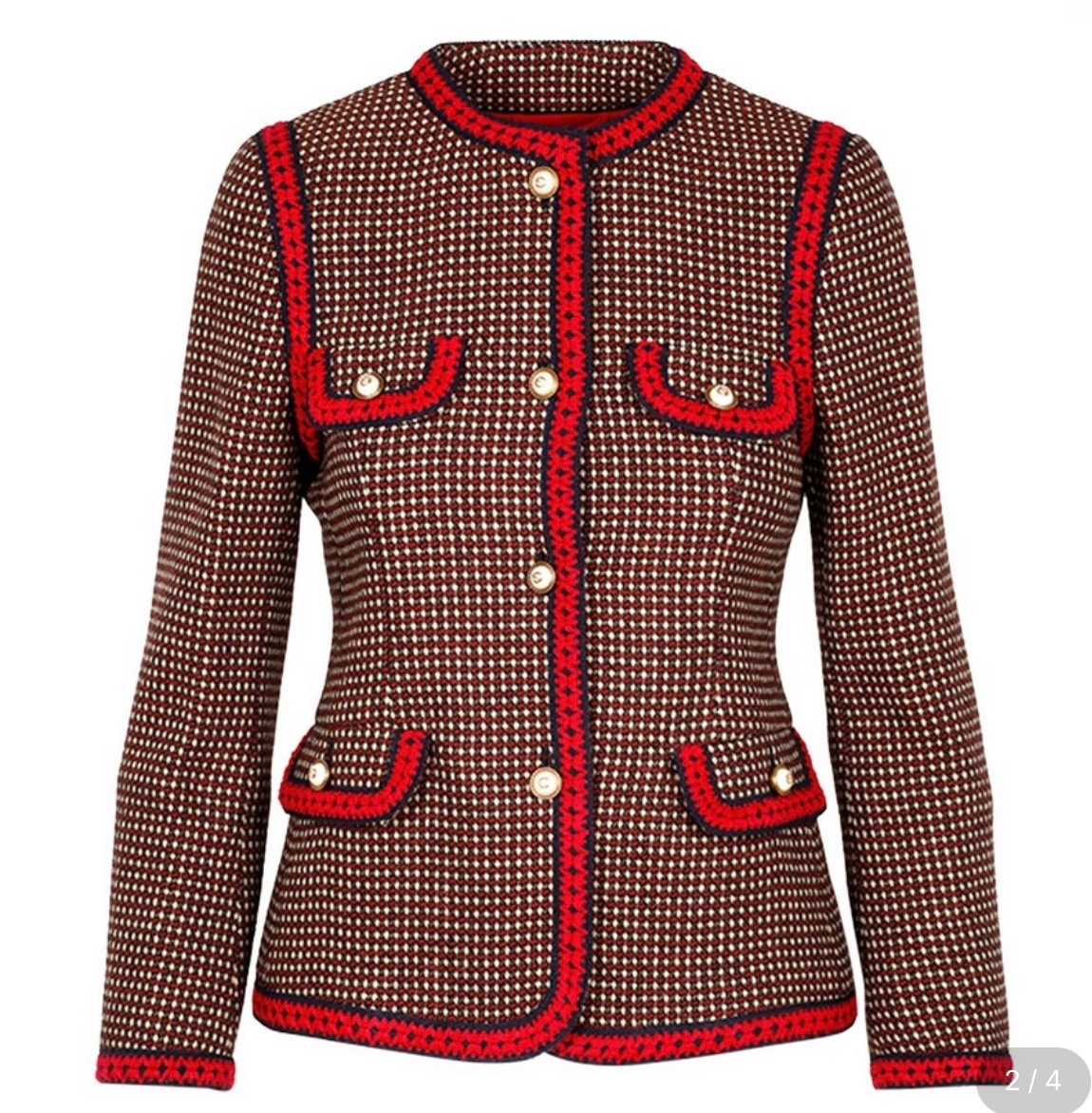 Preowned Gucci Red Tiger Embroidered Jacket with Faux Pearl Button Detail Size 40 Tweed wool/a silk/acetate lining