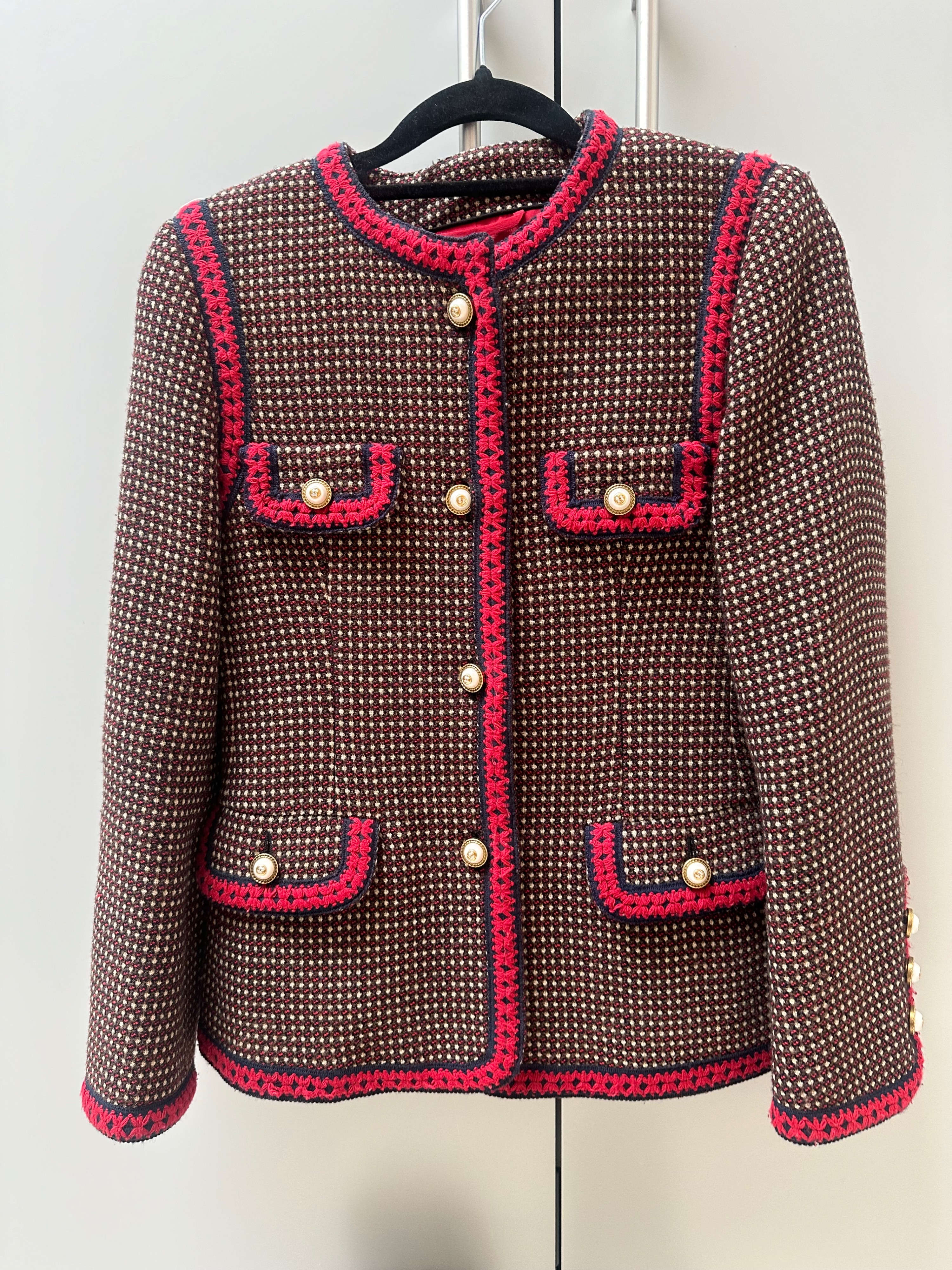 Preowned Gucci Red Tiger Embroidered Jacket with Faux Pearl Button Detail Size 40 Tweed wool/a silk/acetate lining