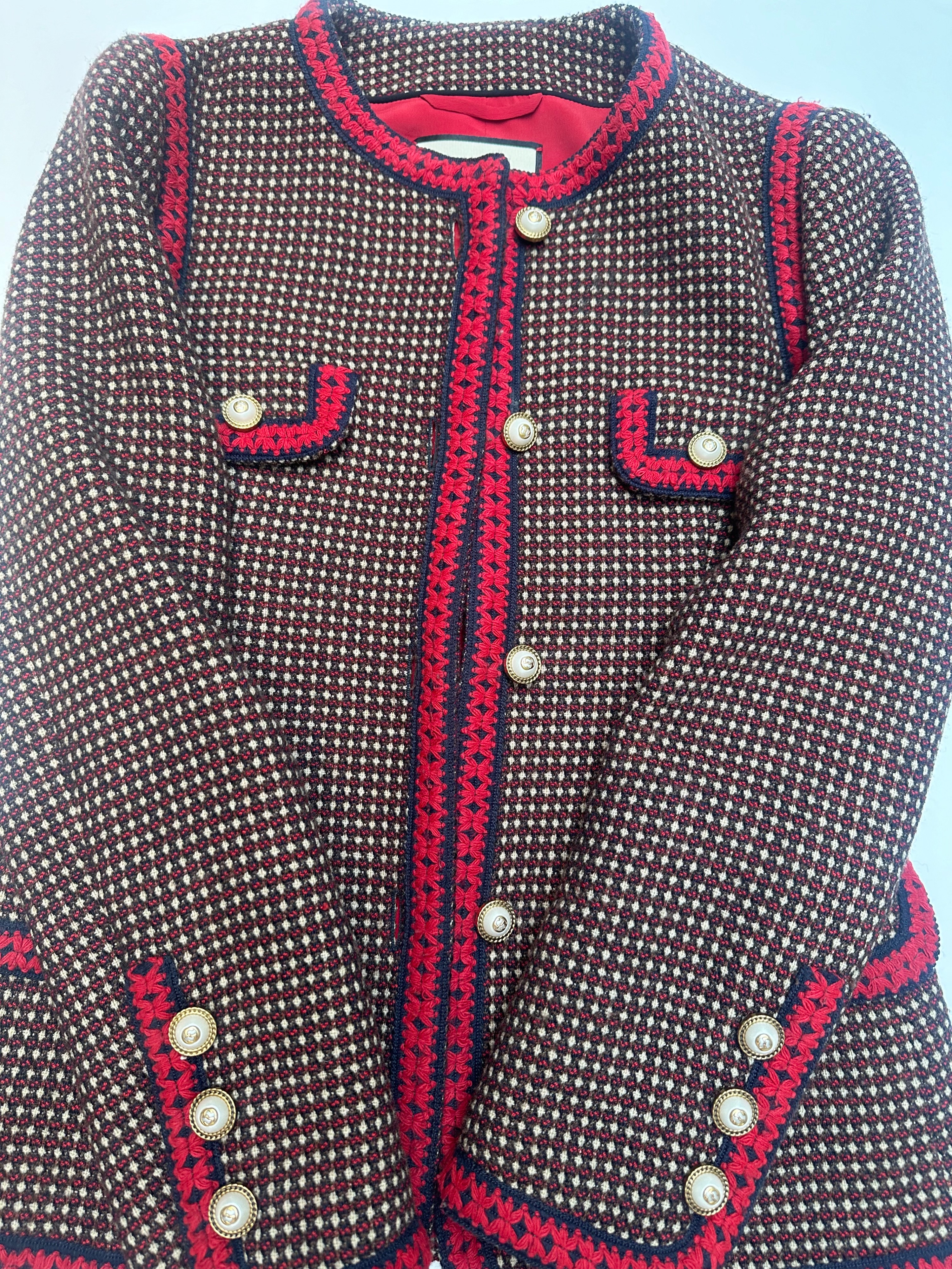 Preowned Gucci Red Tiger Embroidered Jacket with Faux Pearl Button Detail Size 40 Tweed wool/a silk/acetate lining