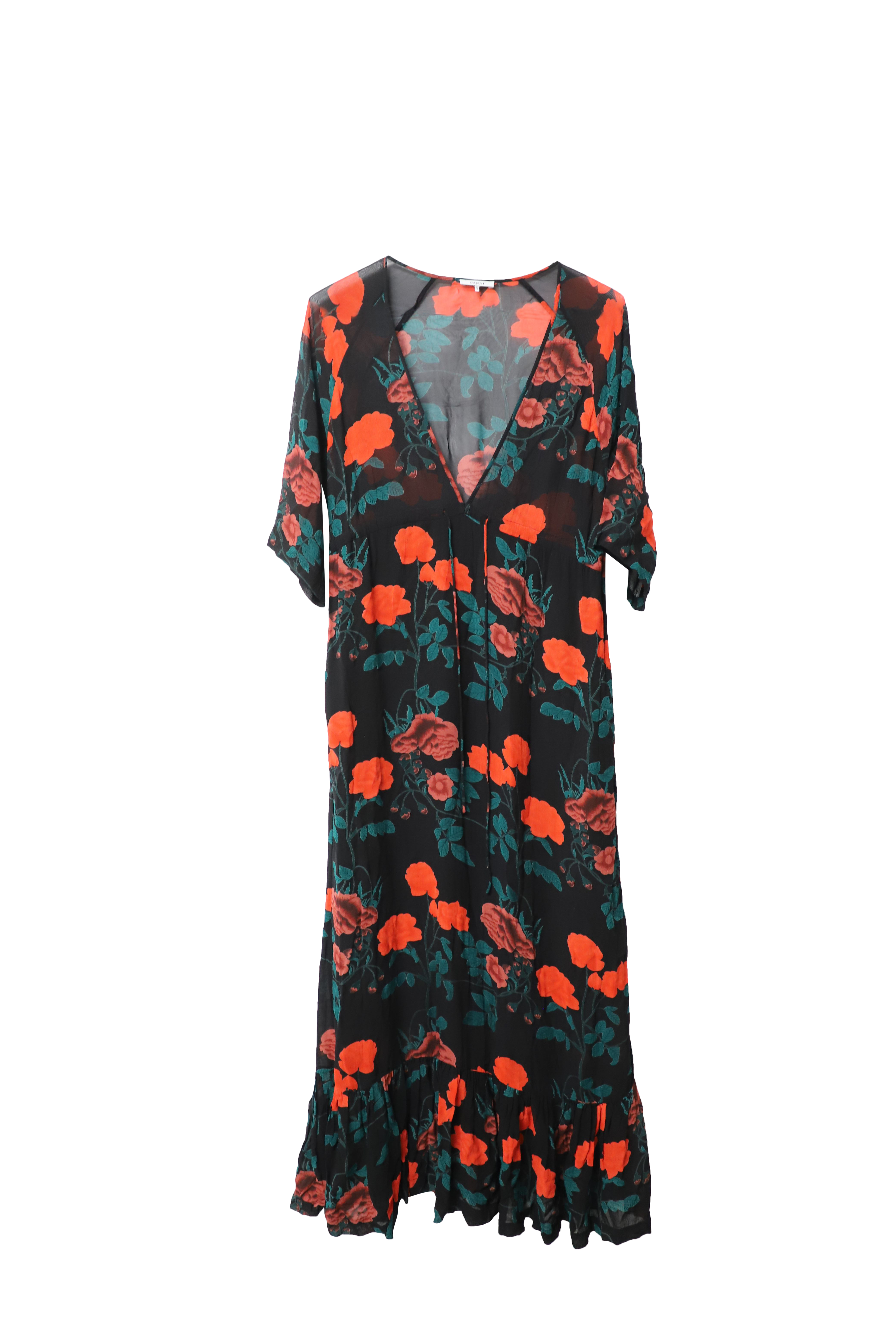 Preowned Ganni Black floral print georgette Newman dress Size M viscose