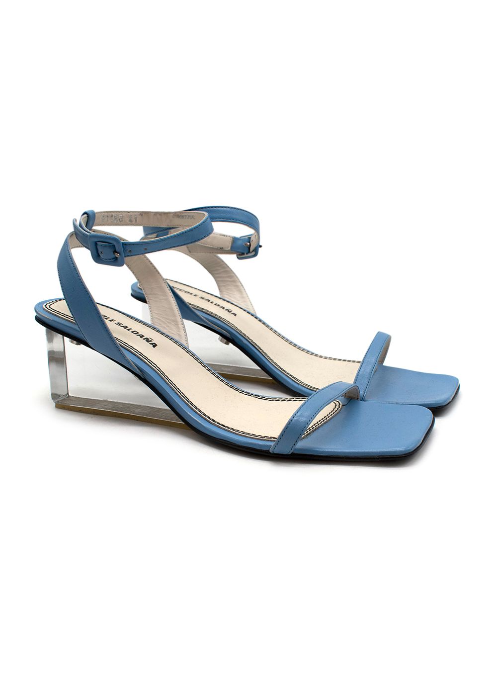 Preowned Nicole Saldana Alyssa Clear Wedge Heel Blue Leather Sandals Size 41