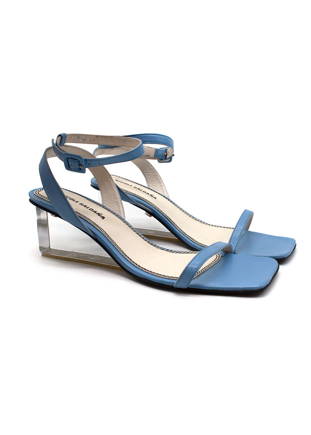 Preowned Nicole Saldana Alyssa Clear Wedge Heel Blue Leather Sandals Size 41