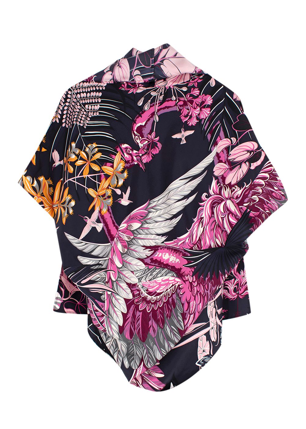 Hermes Navy and Pink Floral Print Silk Lightweight Open Scarf Blouse Size S navy pink