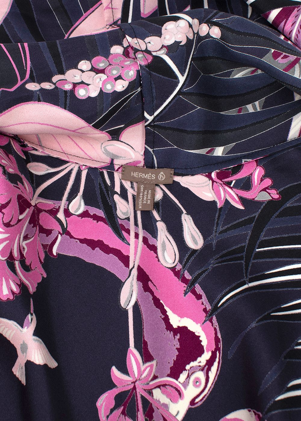 Hermes Navy and Pink Floral Print Silk Lightweight Open Scarf Blouse Size S navy pink