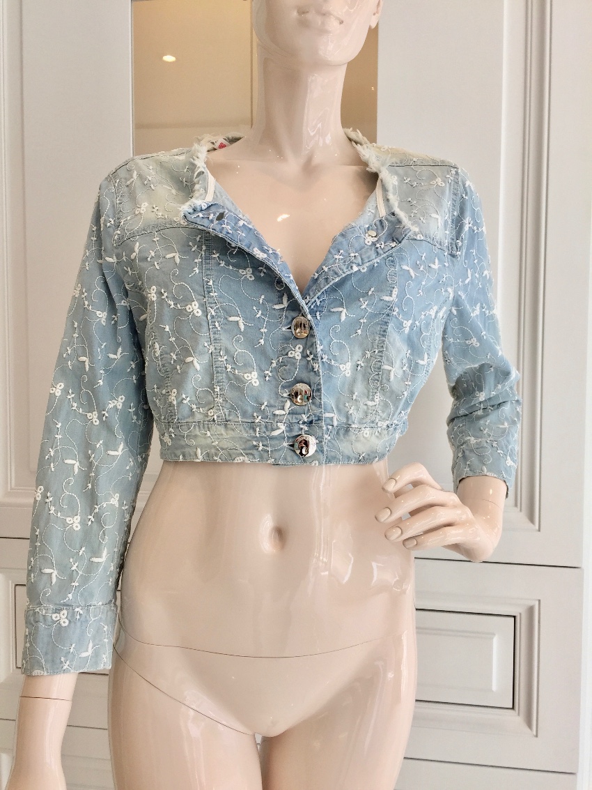 Blumarine Filigree Embroidered Pale Blue Cropped Jacket Size M cotton