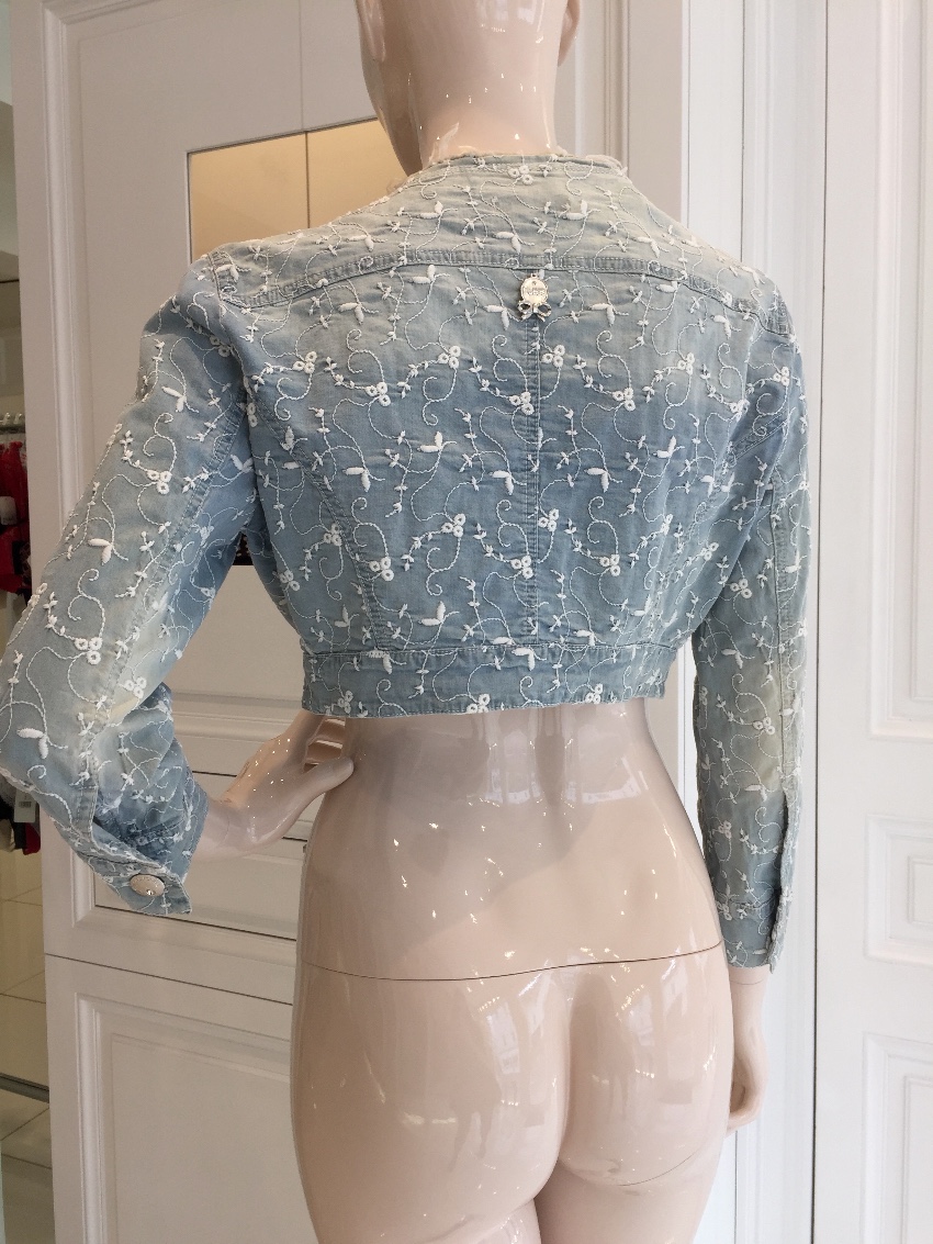 Blumarine Filigree Embroidered Pale Blue Cropped Jacket Size M cotton