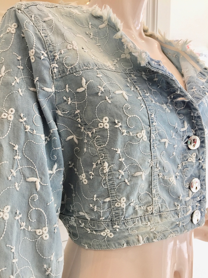 Blumarine Filigree Embroidered Pale Blue Cropped Jacket Size M cotton