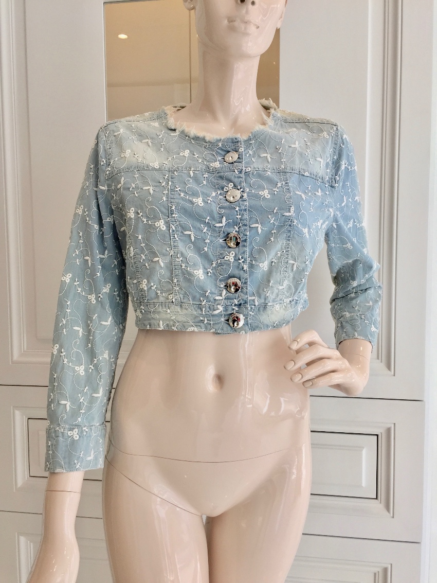 Blumarine Filigree Embroidered Pale Blue Cropped Jacket Size M cotton