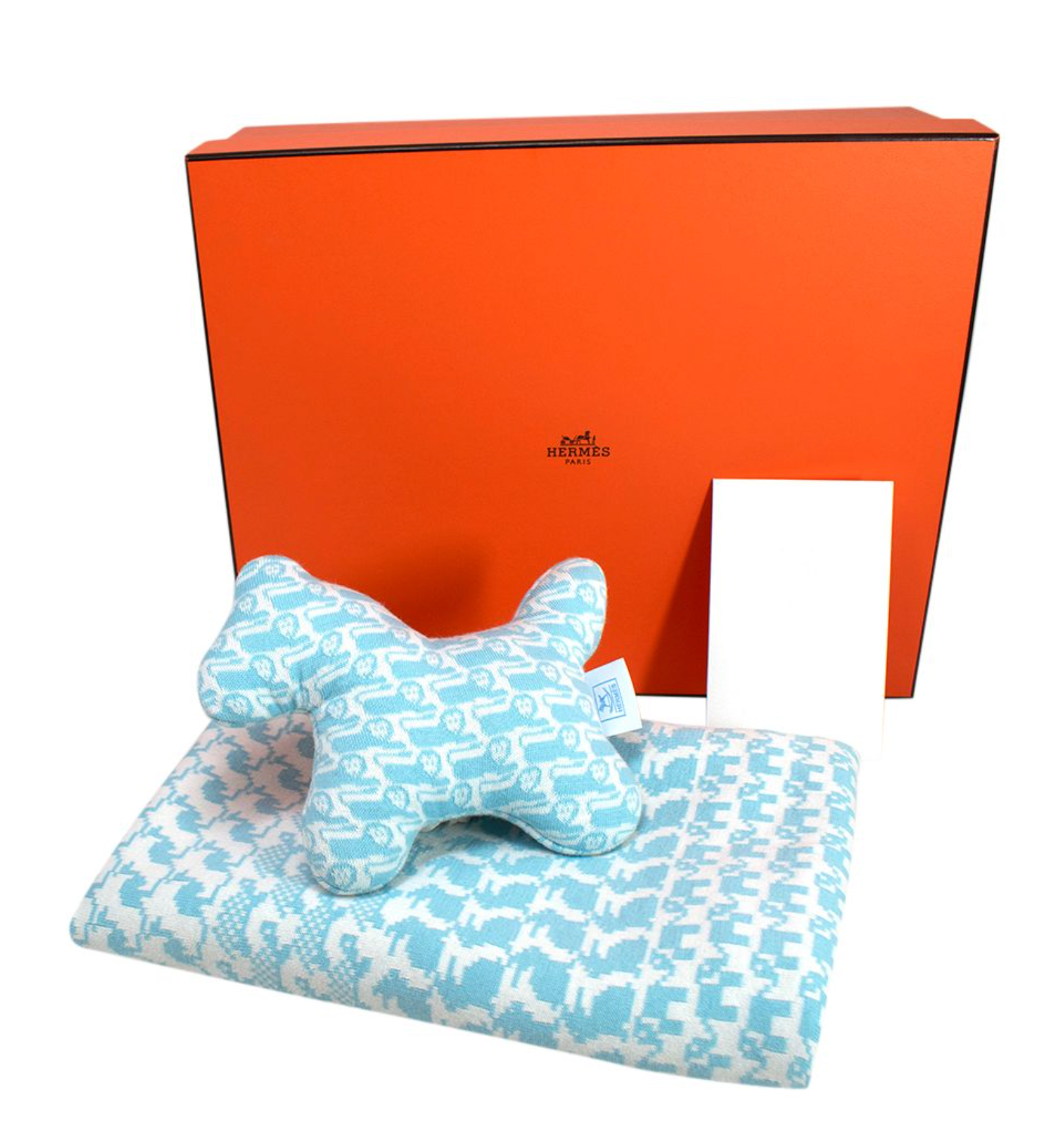 Boys Hermes Turquoise Animaux Pixel Print Baby Blanket  Hermy Plush Blue and White cotton