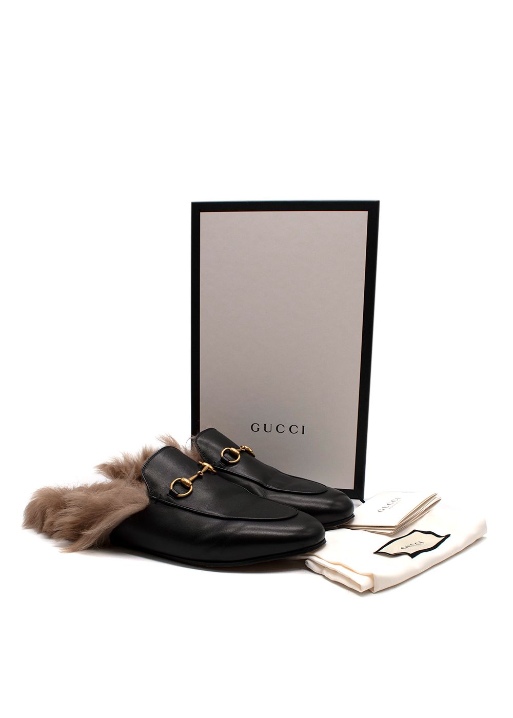 Preowned Gucci Black Leather Fur Trimmed Princetown Mules Size 39 calf leather/lining- lamb fur