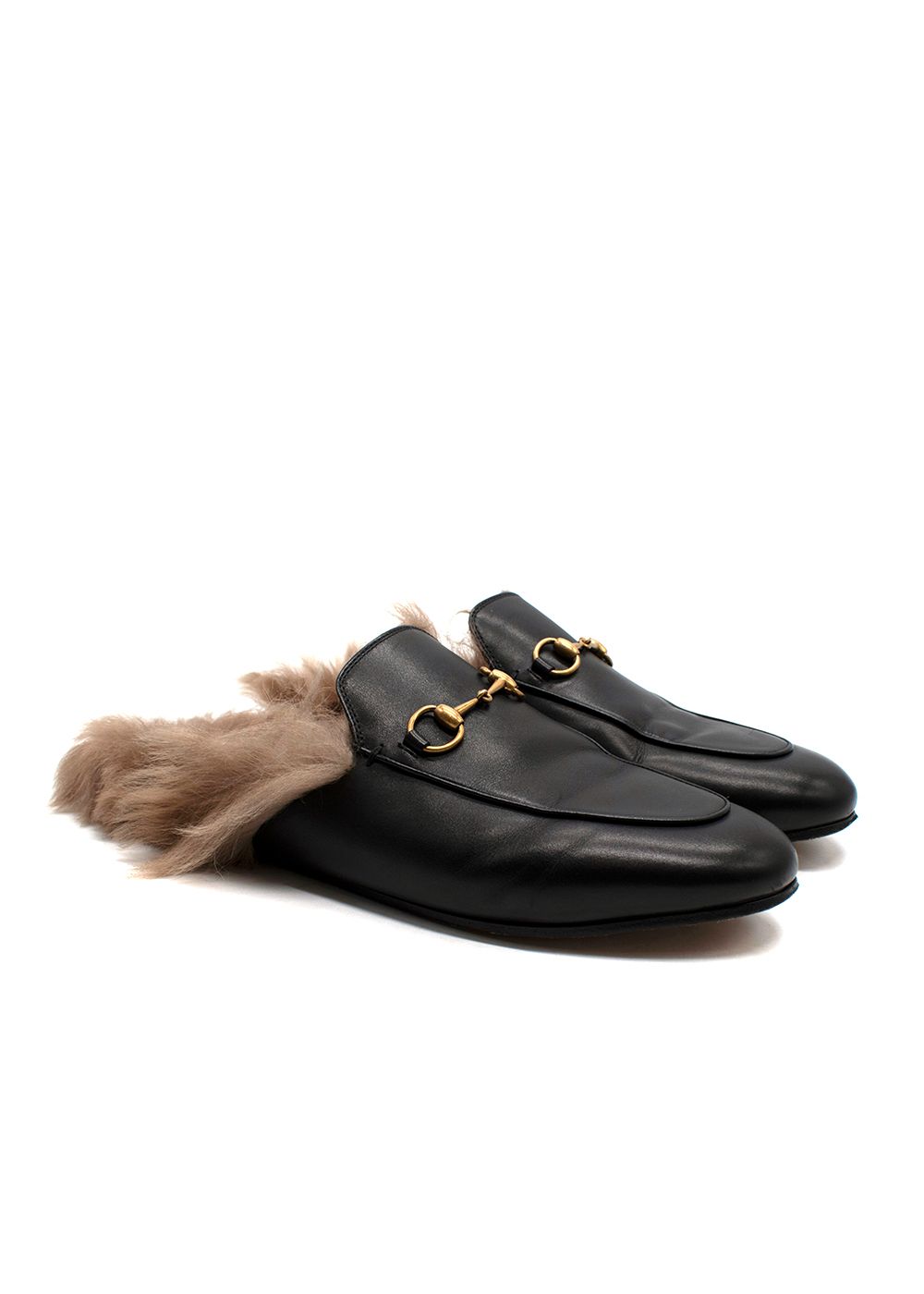 Preowned Gucci Black Leather Fur Trimmed Princetown Mules Size 39 calf leather/lining- lamb fur