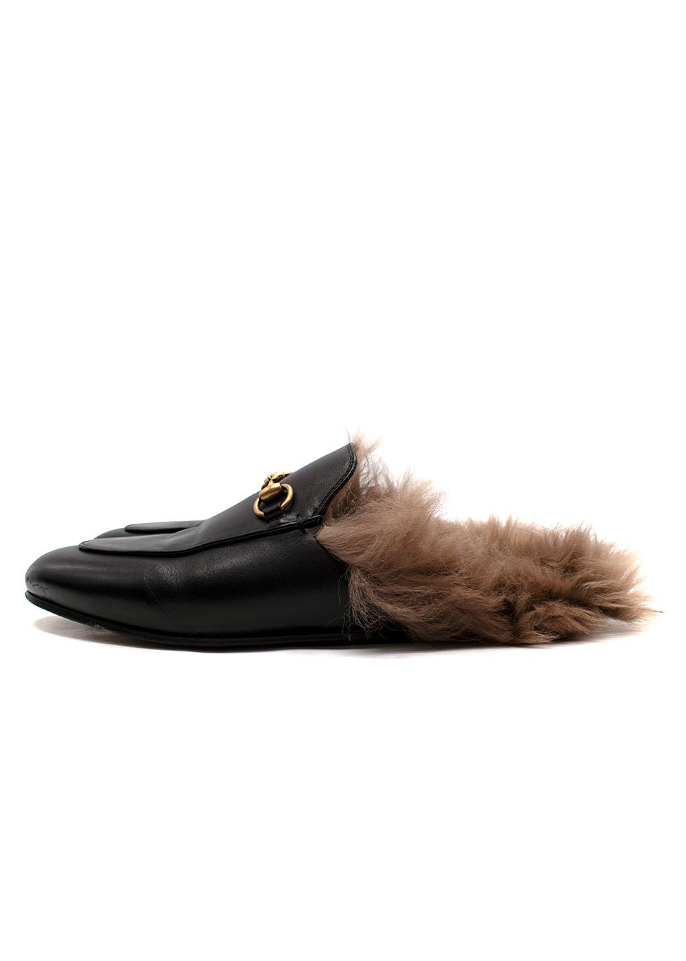 Preowned Gucci Black Leather Fur Trimmed Princetown Mules Size 39 calf leather/lining- lamb fur