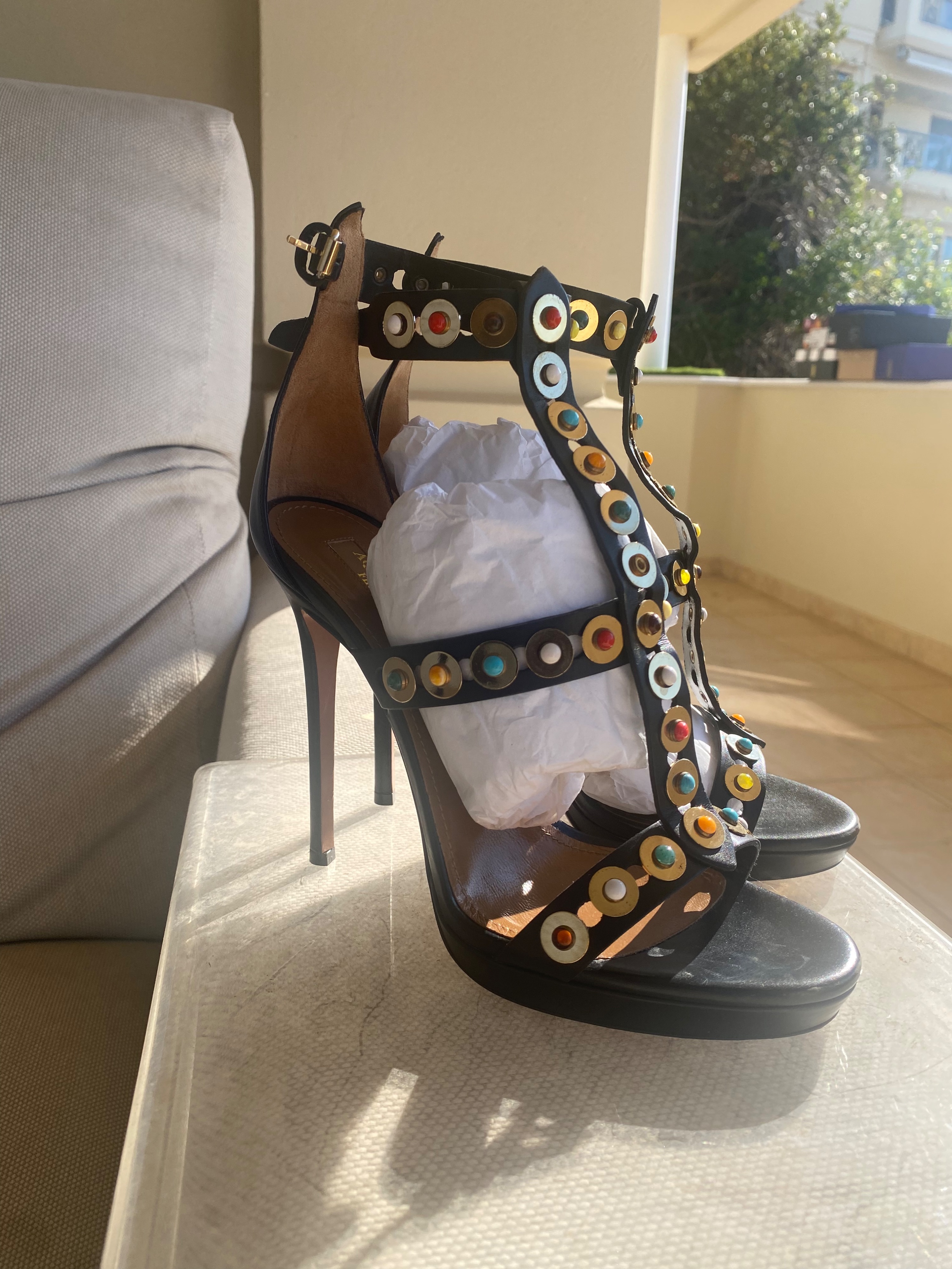 Aquazzura Black leather Byzantine Gladiator heeled sandals Size 38