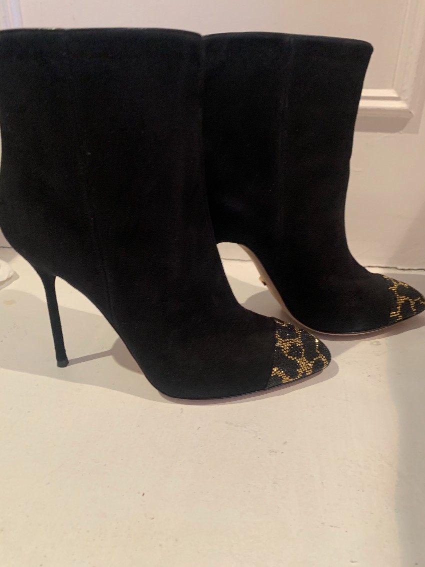 Sergio Rossi Suede Leopard Cap-Toe Ankle Boots Size 365 Black