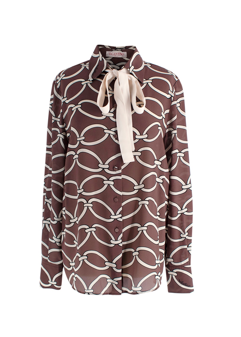 Valentino Brown Chain Print Silk Shirt Size M Brown and White