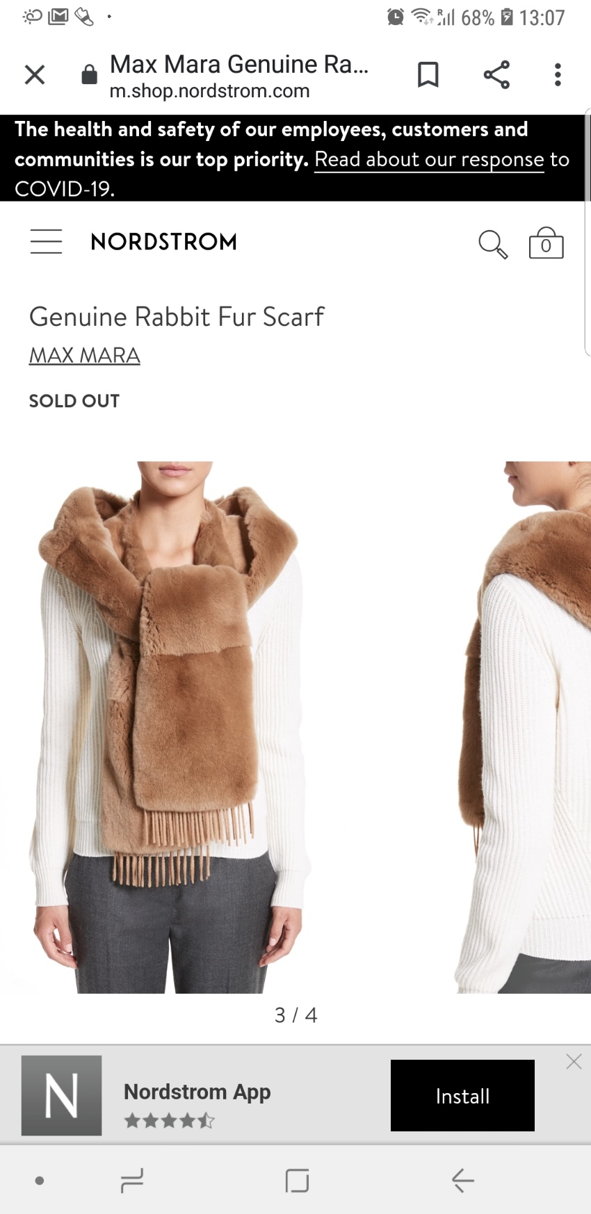 Preowned Max Mara Brown Moira Rabbit Fur Scarf Beige/Nude cashmere