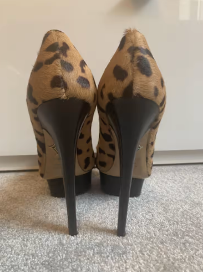 Preowned Charlotte Olympia Leopard print pony hair Dolly platform heeled pumps Size 395 eel