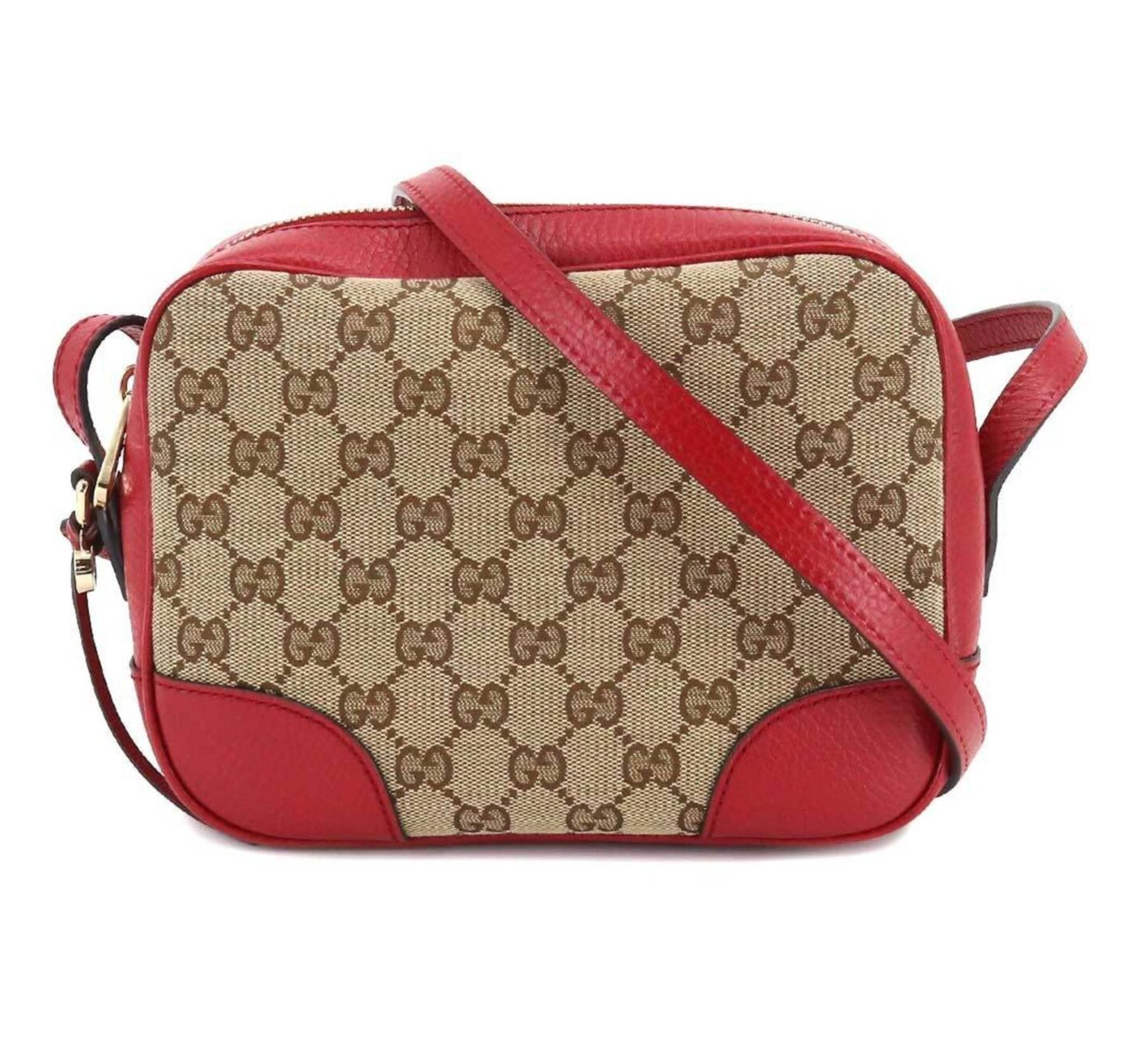 Preowned Gucci GG Supreme Red Bree Crossbody Bag Beige Canvas with red leather trim canvas/calf leather