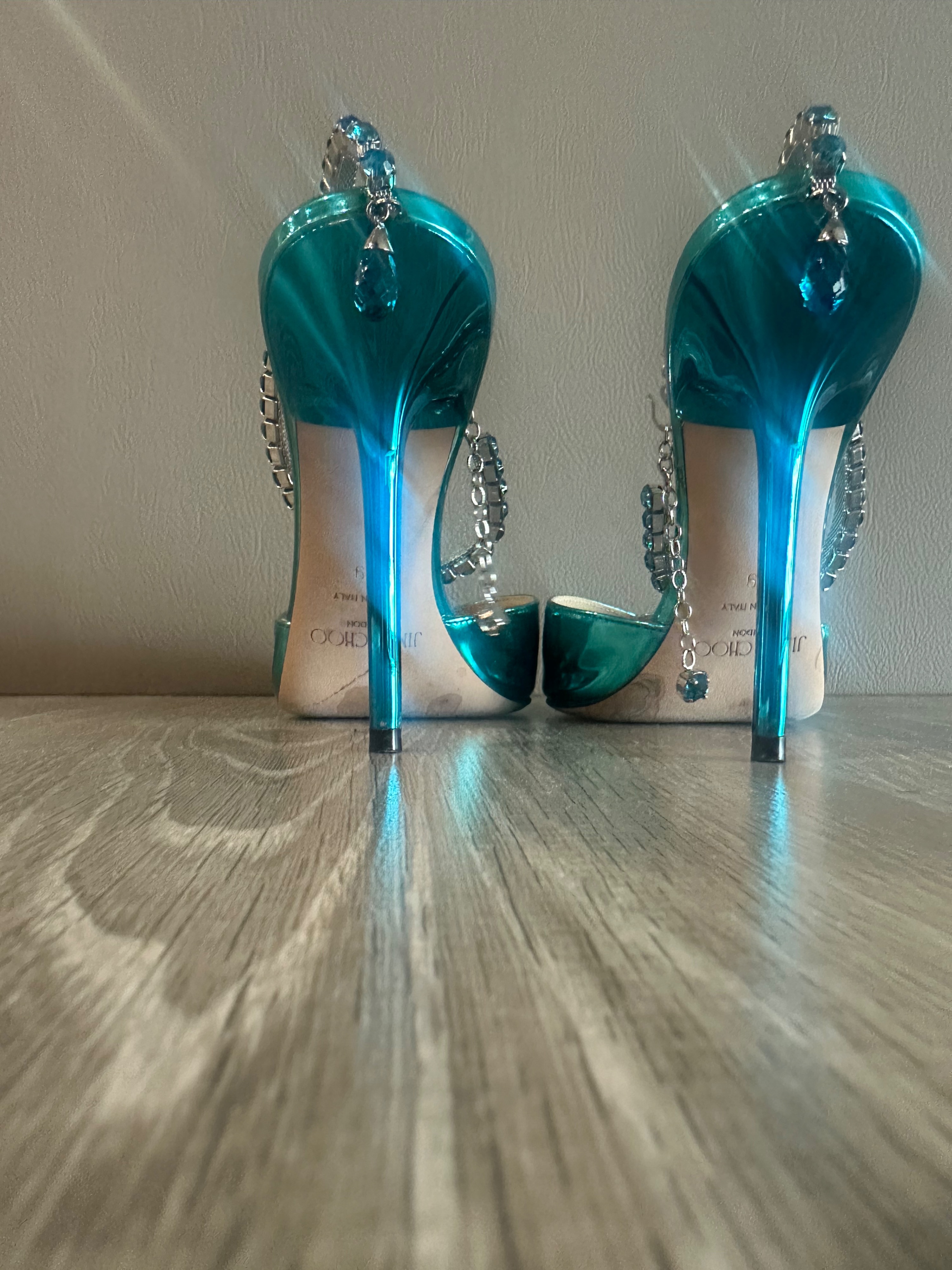 Preowned Jimmy Choo Blue Mirrored Crystal Embellished Heel Size 39 Turchese leather