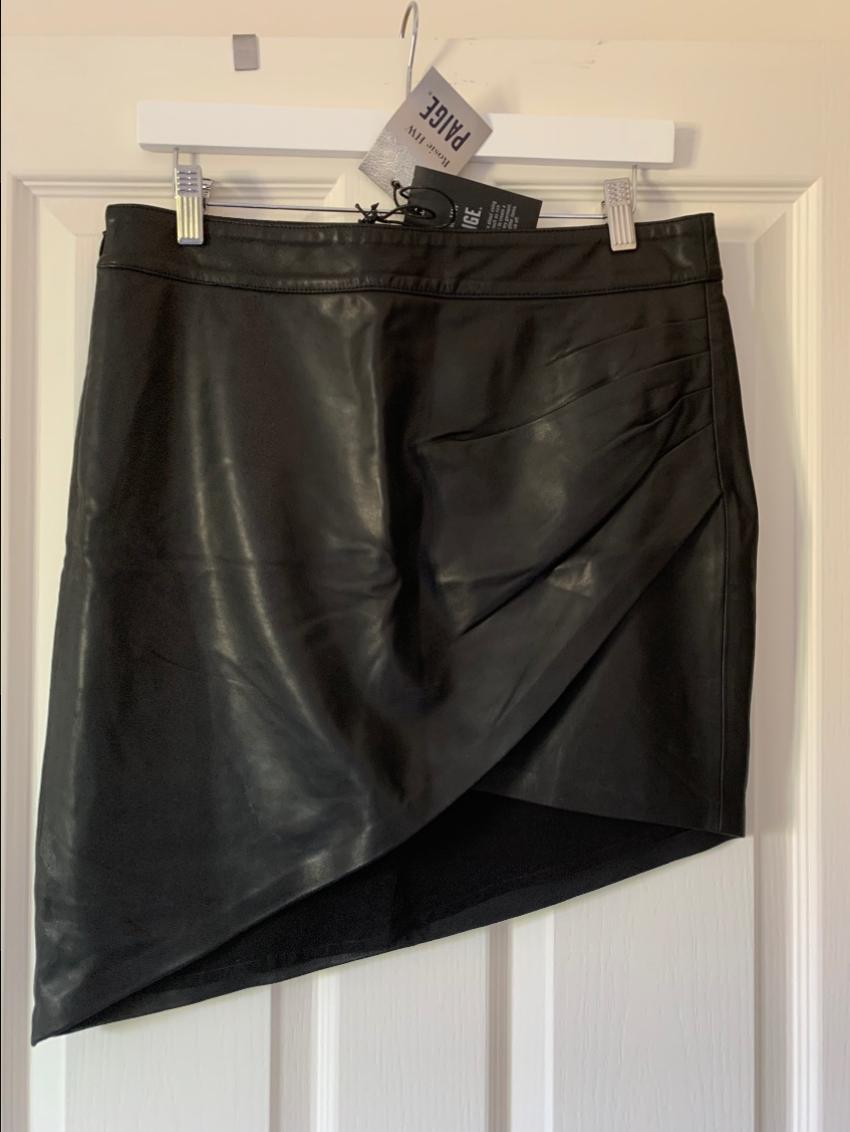 Paige x Rosie HW Frederica Faux Leather Asymmetric Skirt Size M Black