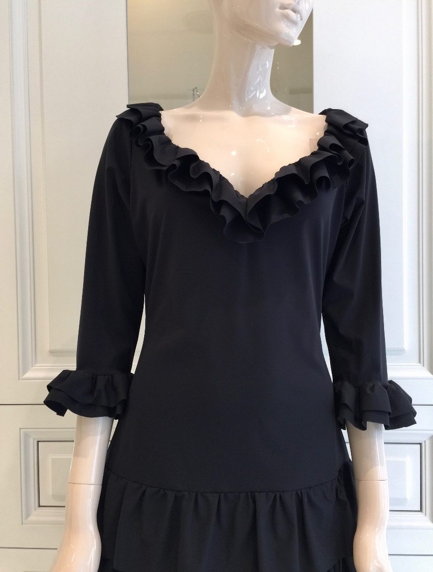 Bespoke French Couture Black Lycra Frill Dress Size M