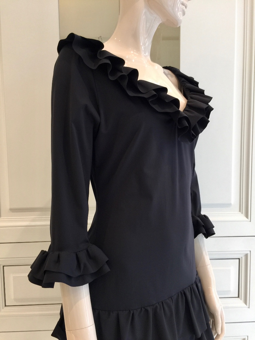 Bespoke French Couture Black Lycra Frill Dress Size M