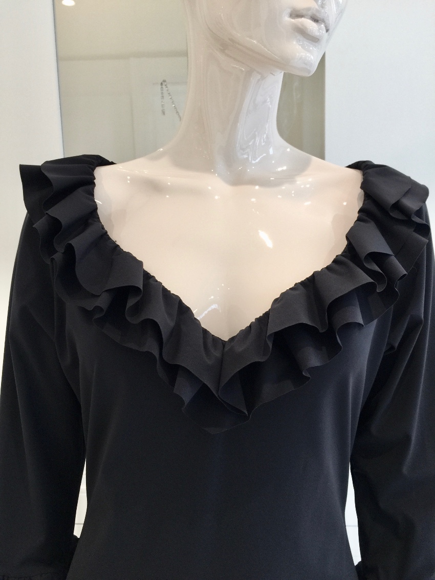 Bespoke French Couture Black Lycra Frill Dress Size M