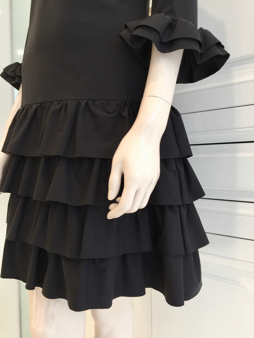 Bespoke French Couture Black Lycra Frill Dress Size M