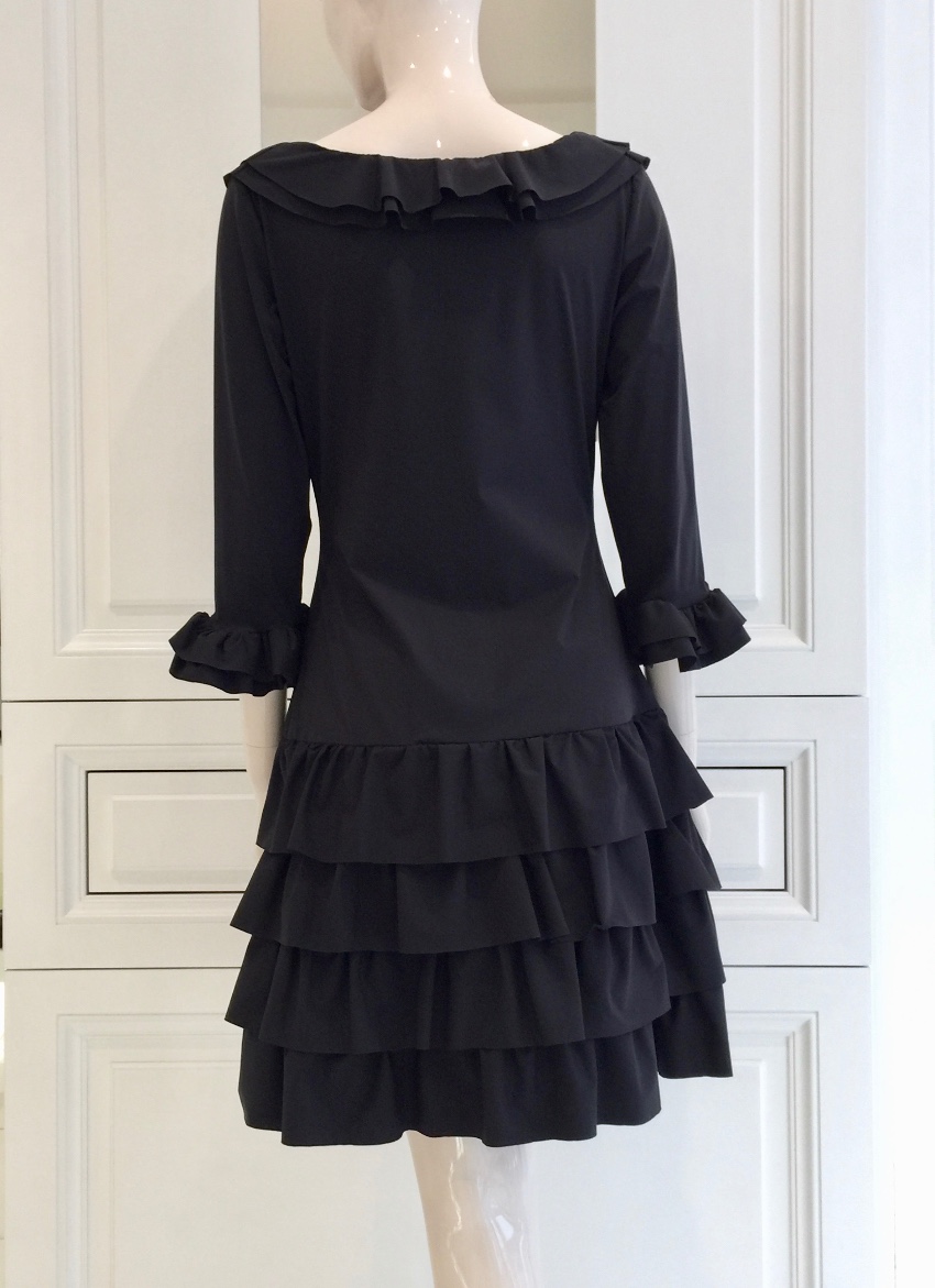 Bespoke French Couture Black Lycra Frill Dress Size M