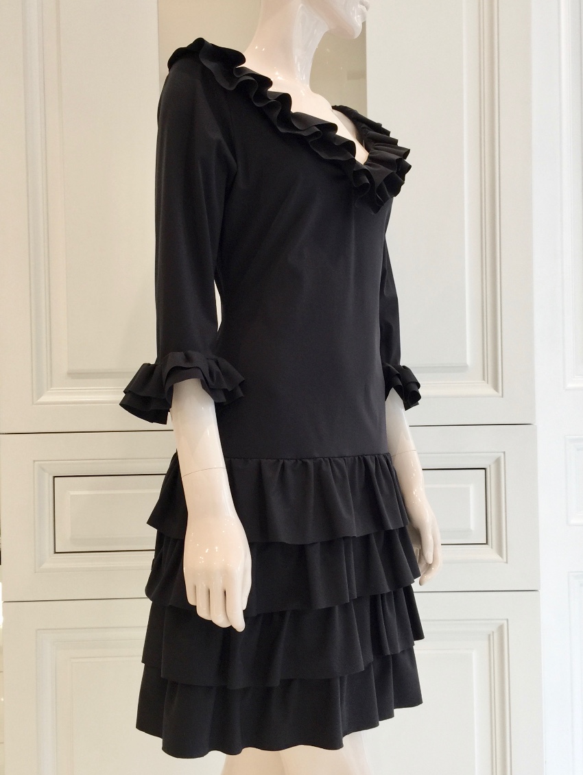 Bespoke French Couture Black Lycra Frill Dress Size M