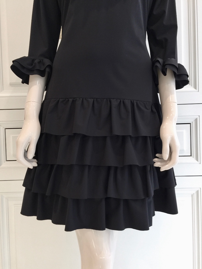 Bespoke French Couture Black Lycra Frill Dress Size M