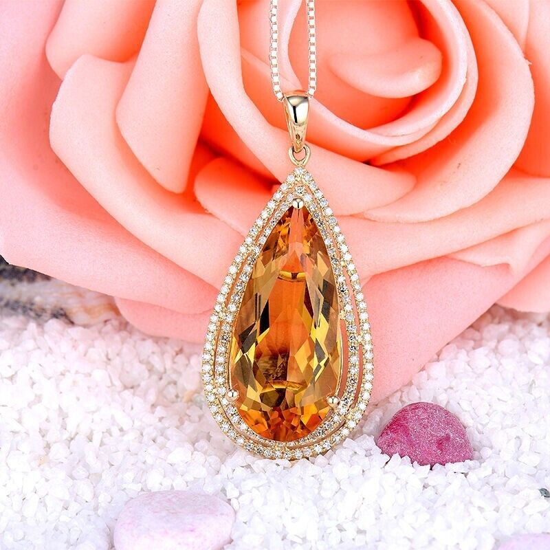 Citrine  Diamond Pendant 14k Yellow Gold Necklace