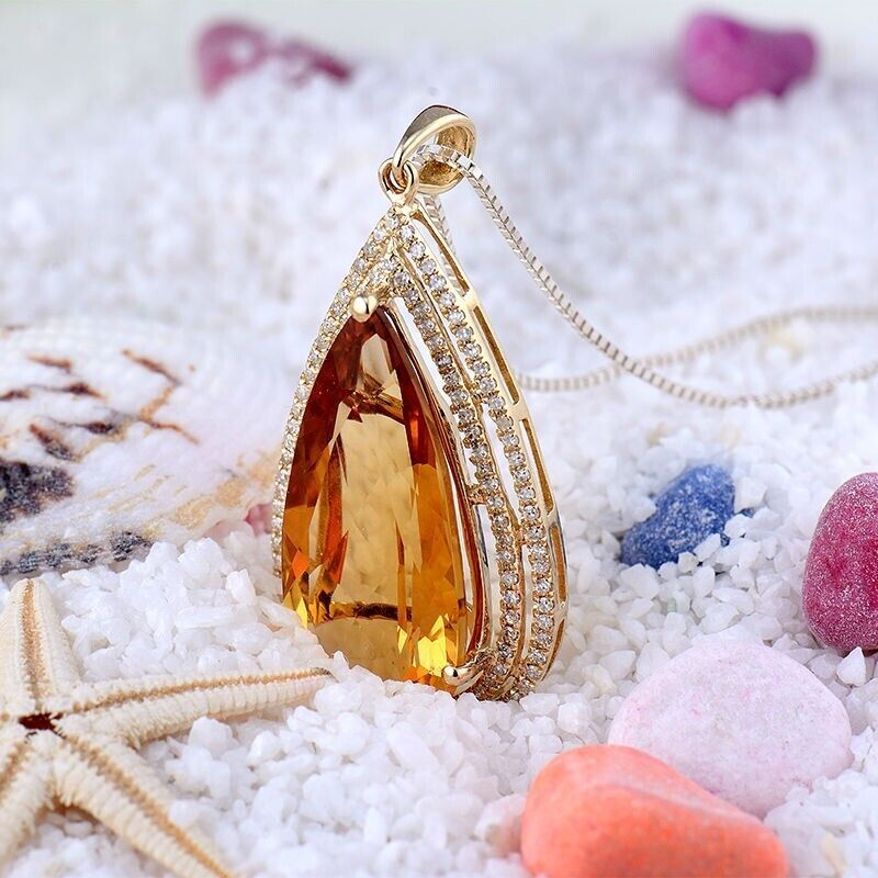 Citrine  Diamond Pendant 14k Yellow Gold Necklace