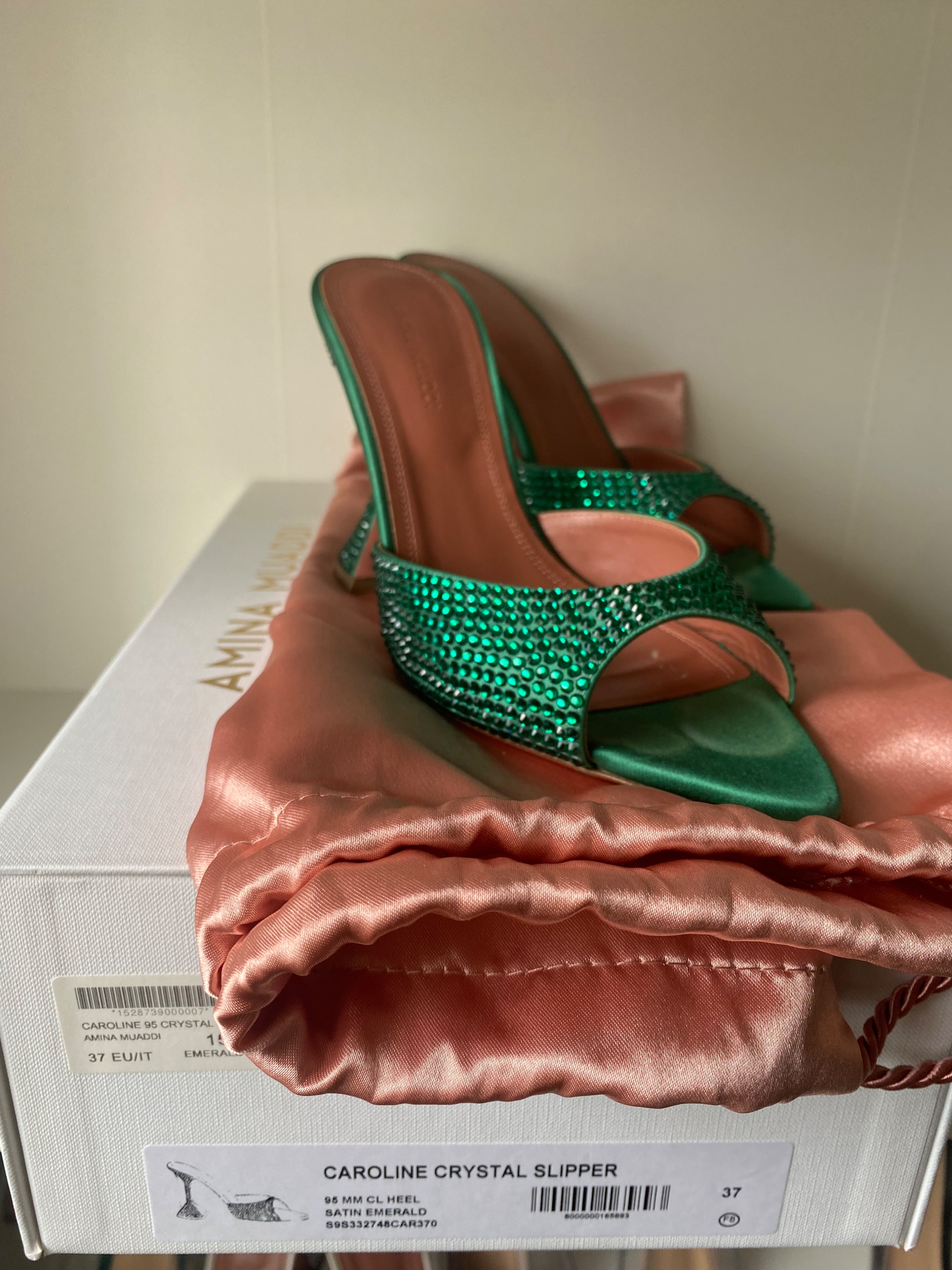 Preowned Amina Muaddi Green Crystal Embellished Caroline Heels Size 37 Emerald Green satin/crystal