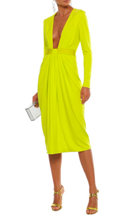 Preowned Cushnie Et Ochs Neon Deep V MIdi Dress Size M Yellow stretch jersey