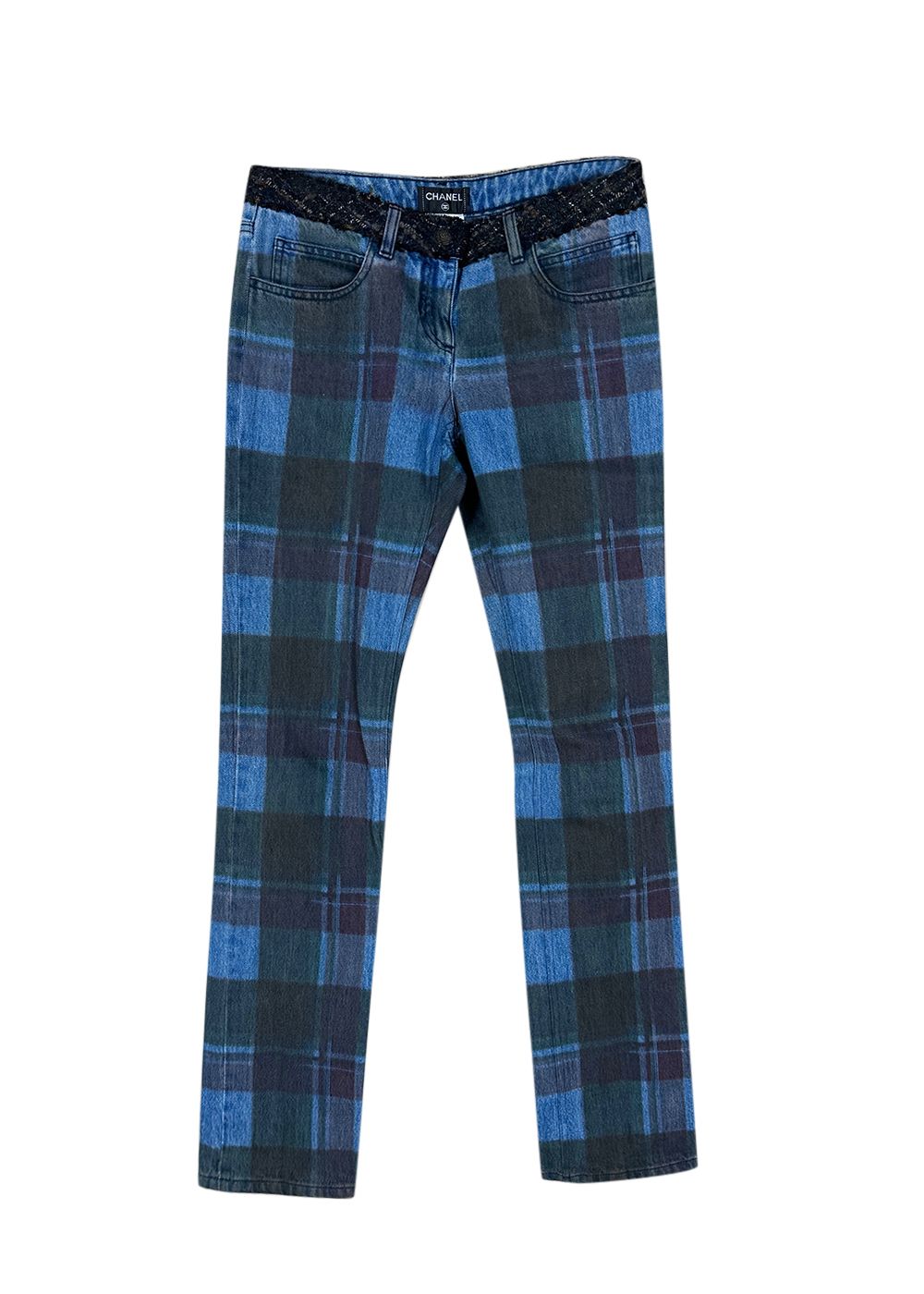 Chanel Tartan Print Denim Jeans Size M blue