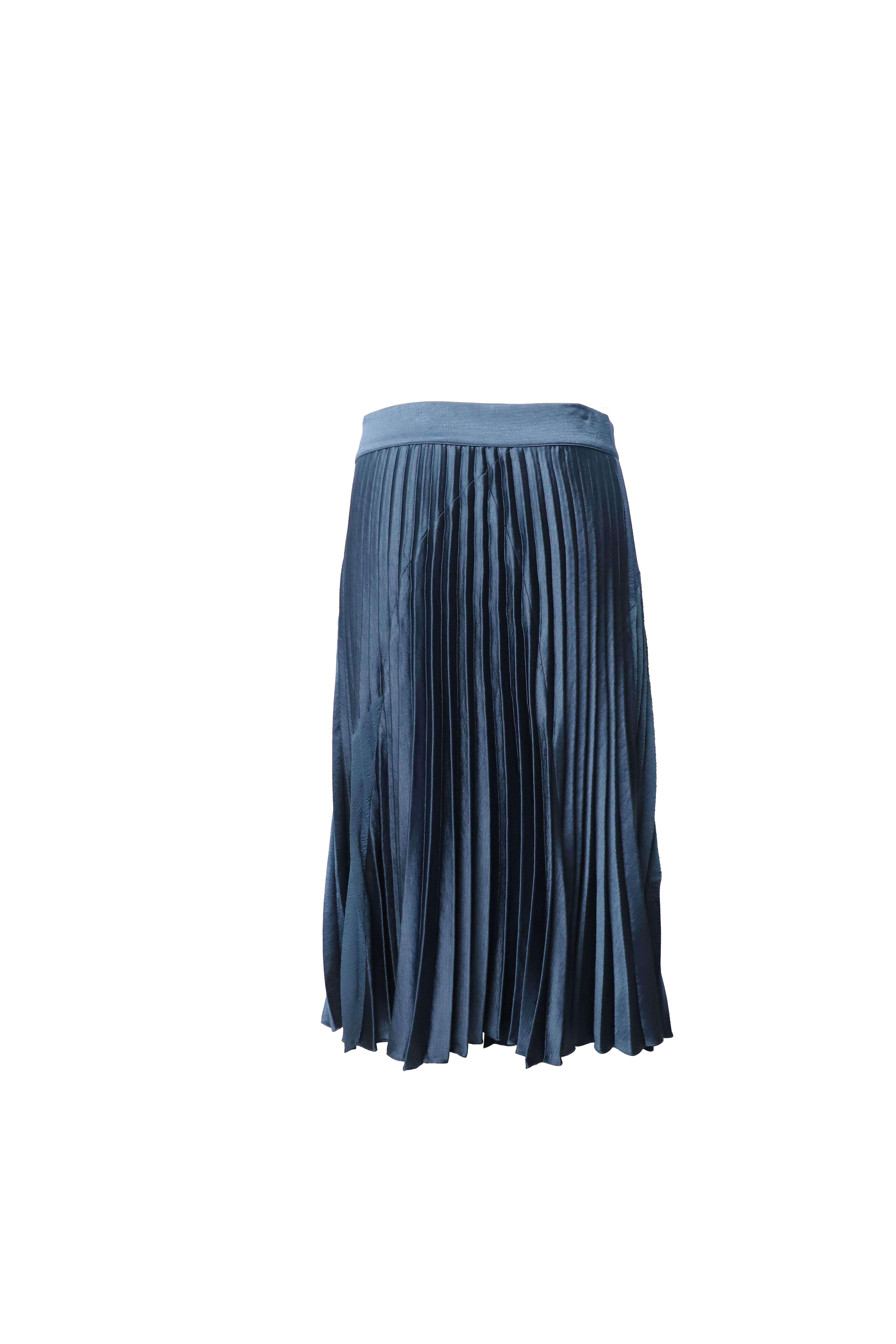 Preowned Vince Paneled Pleated Crepe And Crinkled-Satin Midi Skirt Size XS blue polyester