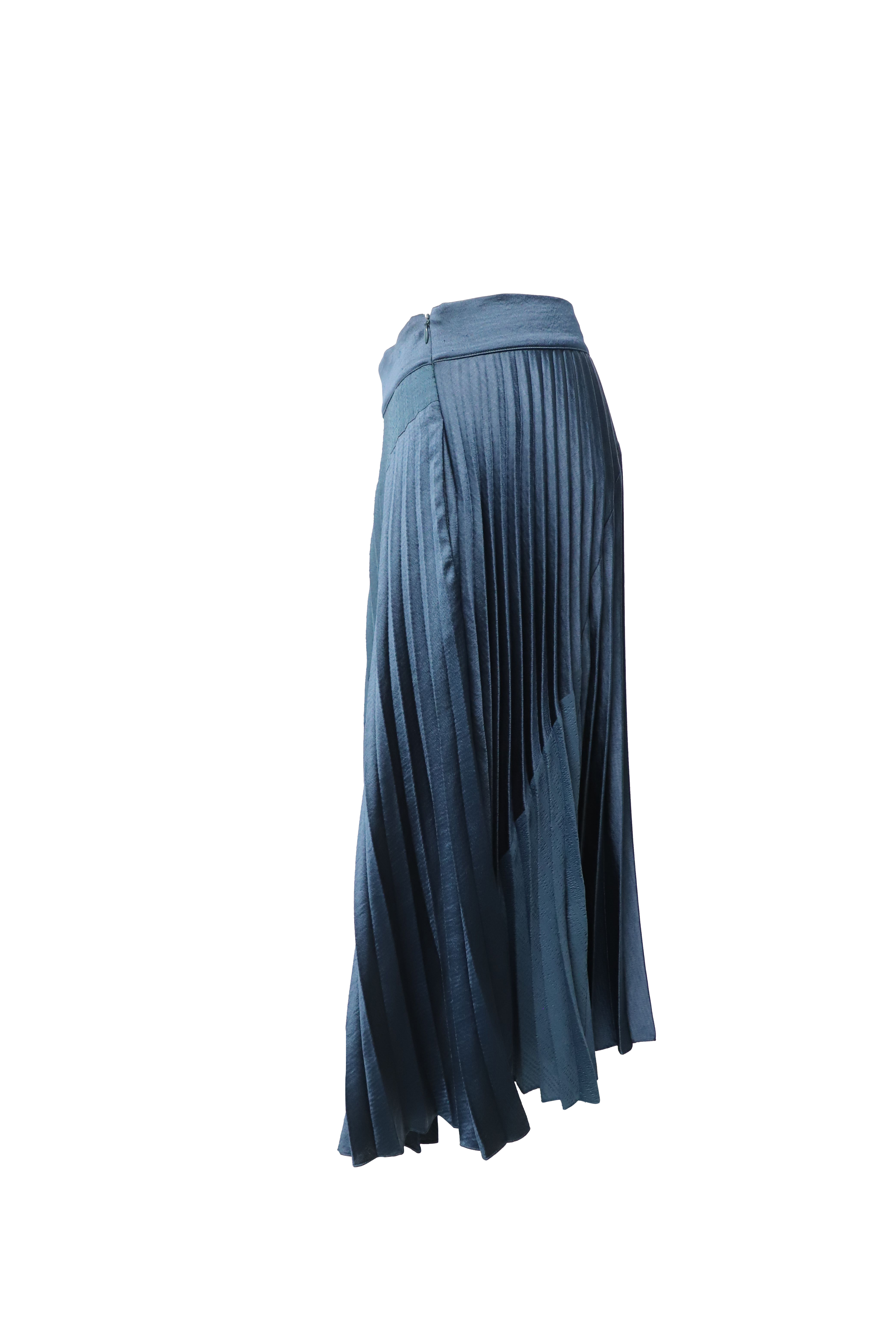 Preowned Vince Paneled Pleated Crepe And Crinkled-Satin Midi Skirt Size XS blue polyester