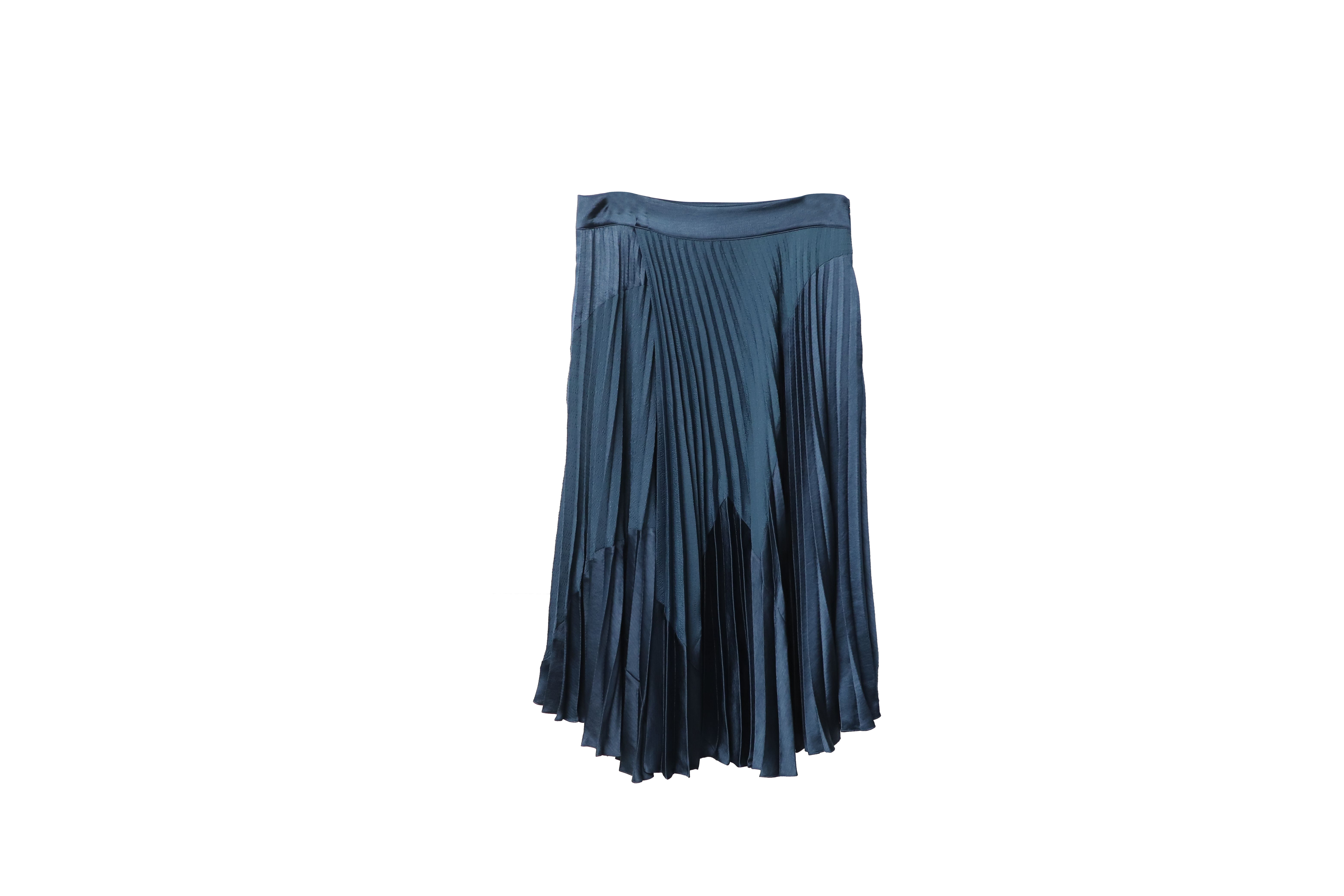 Preowned Vince Paneled Pleated Crepe And Crinkled-Satin Midi Skirt Size XS blue polyester