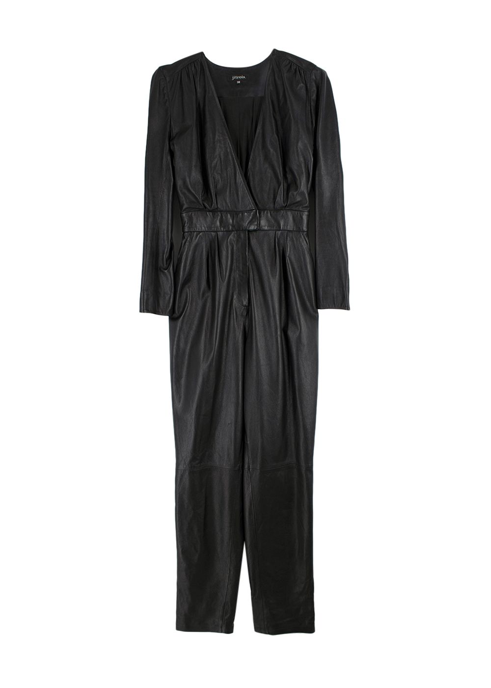 Jitrois Black Plunge Neckline Leather Jumpsuit Size S