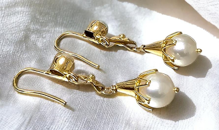 Preowned Bespoke Vintage Cultured Pearl Drop Earrings Gold ct gold