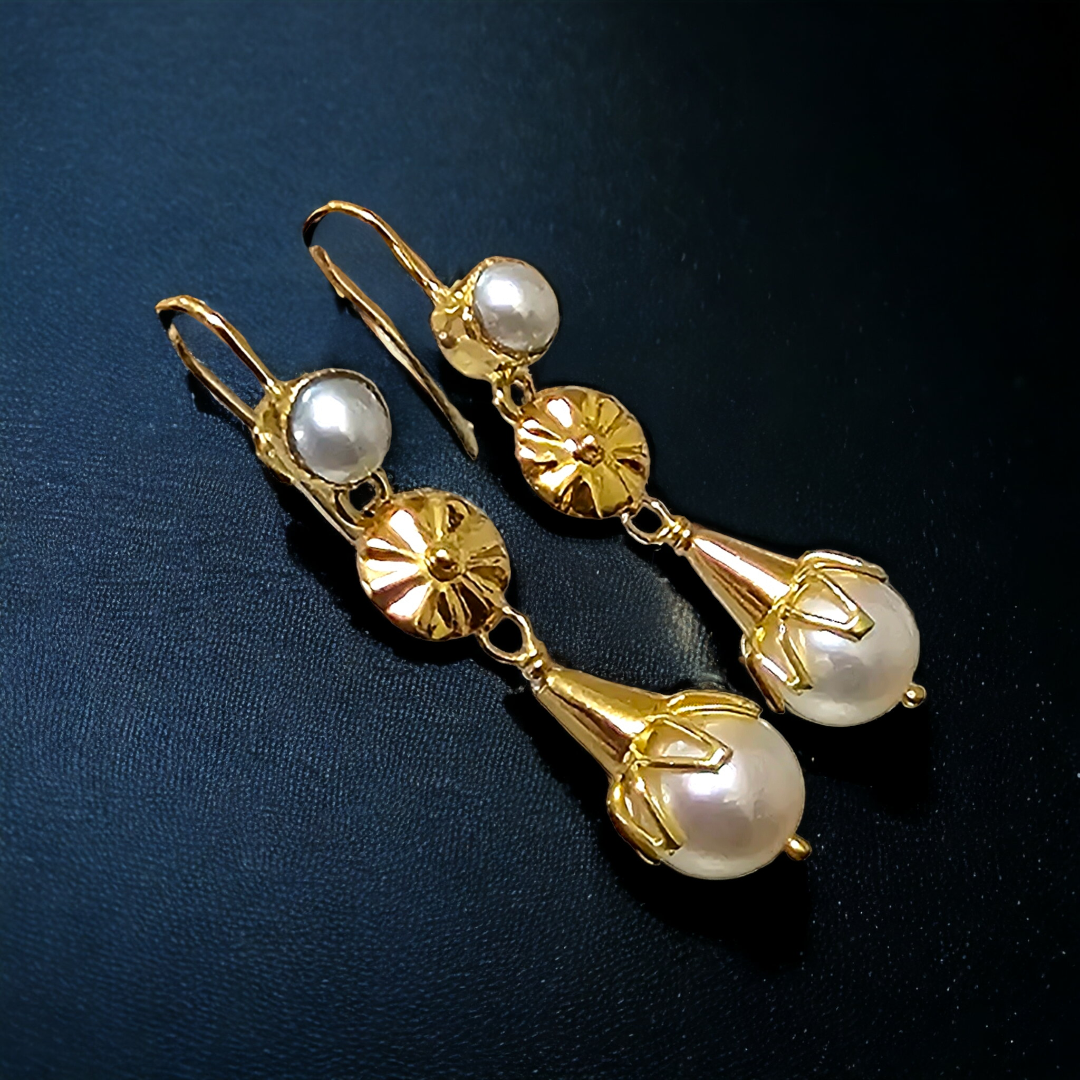 Preowned Bespoke Vintage Cultured Pearl Drop Earrings Gold ct gold