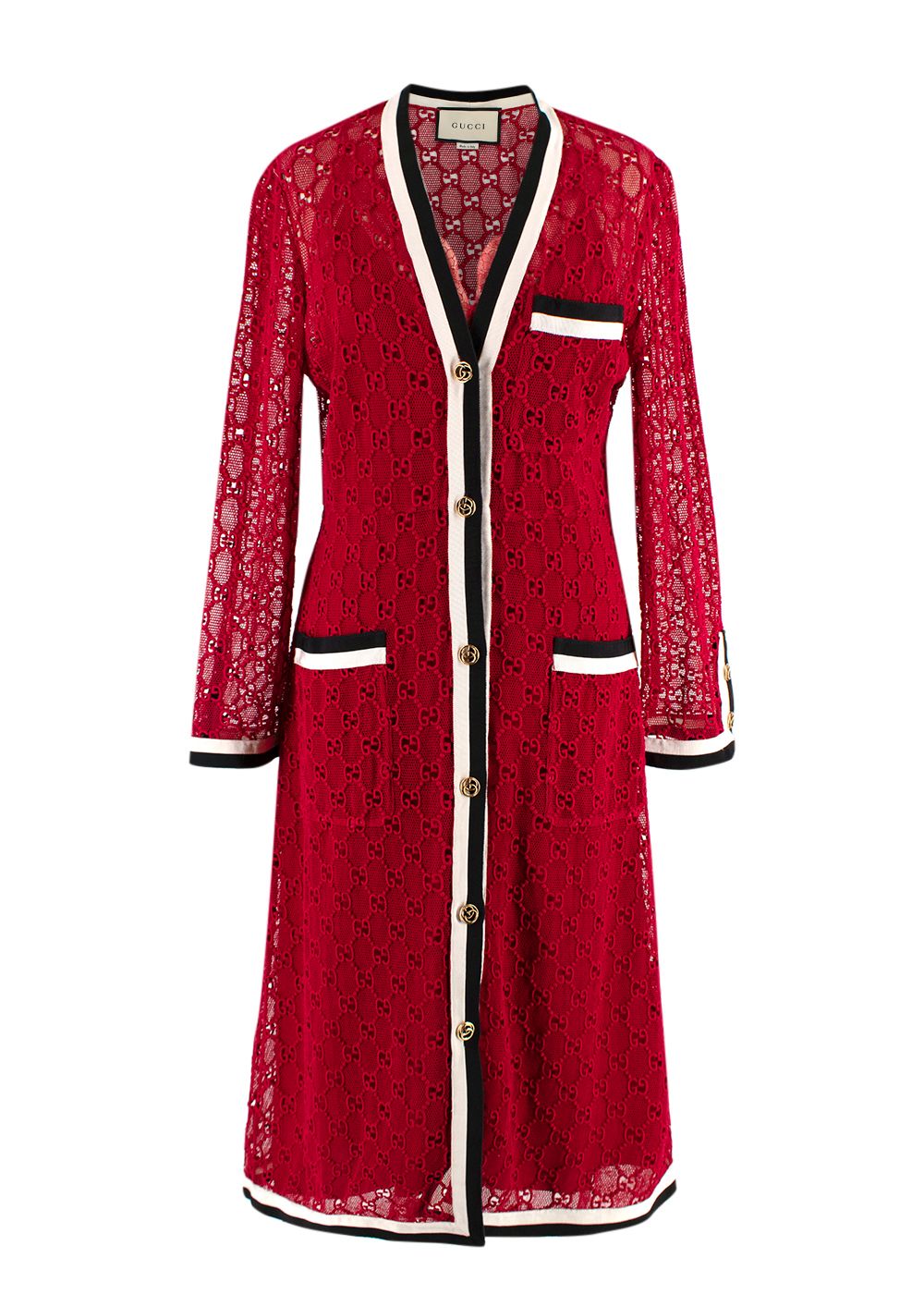 Preowned Gucci Red GG Macrame Long Sleeve Dress with Slip Size XS red white black acetate/silk/polamide